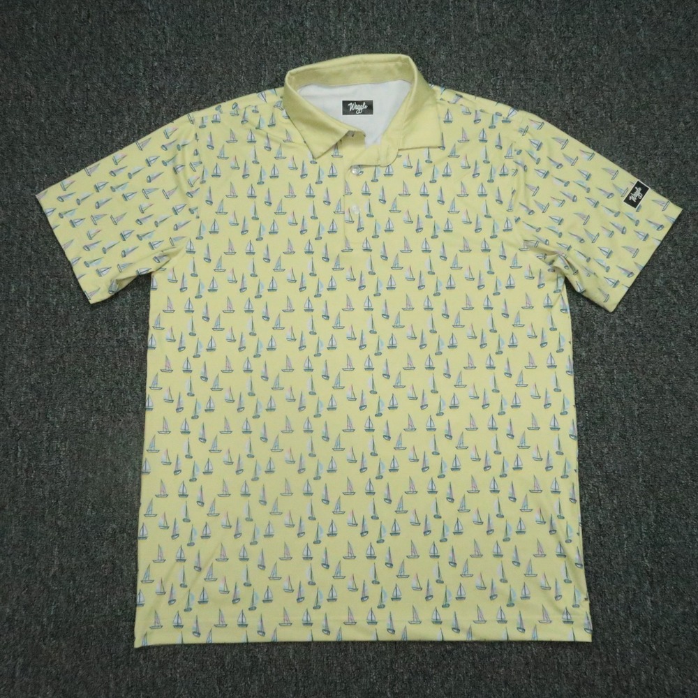 Waggle Shirt Men Large Yellow Polo Sailboat All Over Print Performance Golf Polo